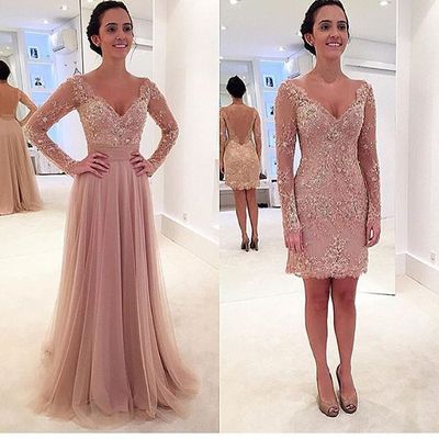 2 in 1 prom dress fashion v-neck long sleeves lace beaded detachable skirt prom dress e179