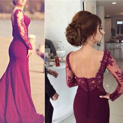 Elegant long sleeves red lace appliques mermaid prom evening dress e189