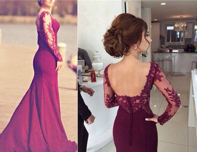 Elegant Long Sleeves Red Lace Appliques Mermaid Prom Evening Dress E189