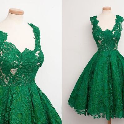 Green lace a-line knee length short homecoming dress party dress e190