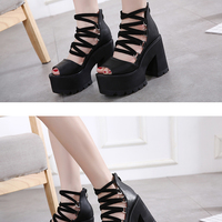 Lace up Black High Heels Platform Sandals - Thumbnail 3