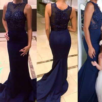 Navy blue o-neck long lace beaded mermaid prom evening dress e192