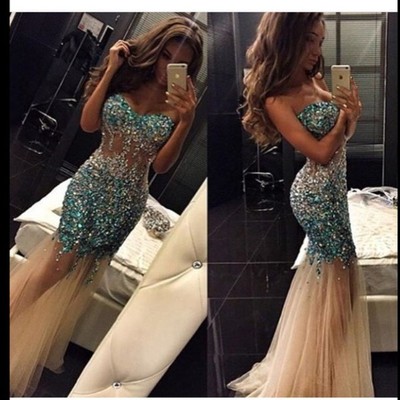 Luxury sparkly sweetheart rhinestones sequins beaded mermaid prom party dress long e193