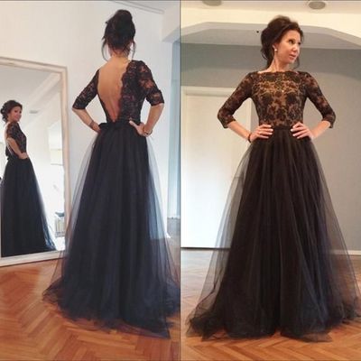 Sexy backless a-line boat neck long lace beaded prom evening dress e196