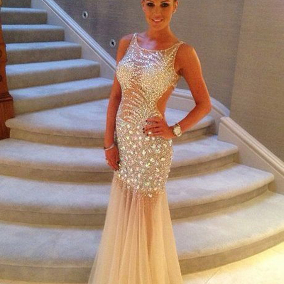 Sparkly o-neck long rhinestones beaded sequins mermaid prom party dress e199