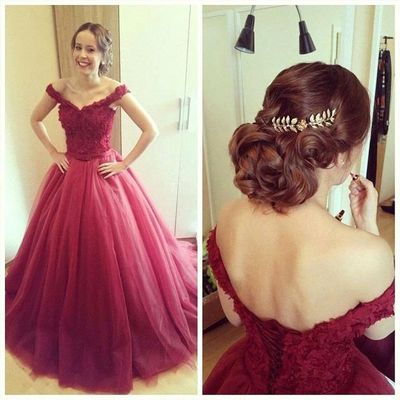 Burgundy Ball Gown Off-shoulder Long Lace Appliques Prom Evening Dress  E200