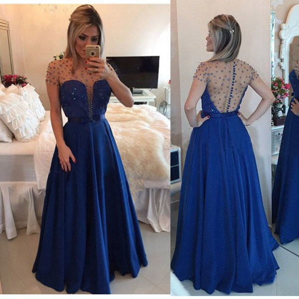 Sexy See Through A-line Pearls Royal Blue Satin Prom Evening Dress E208