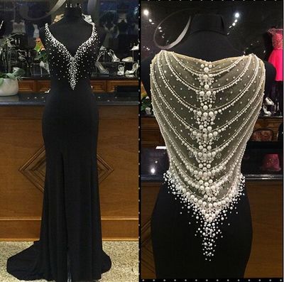 Sexy Black V-neck Long Pearls Crystal Mermaid Prom Evening Party Dresses E211