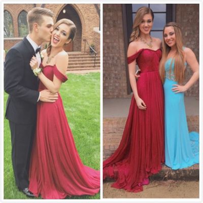 Elegant A-line Off-shoulder Red Long Pleat Prom Evening Dress E215