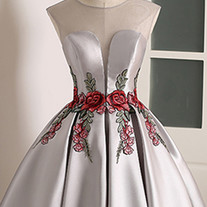 Knee Length A Line V Neckline Cap Sleeve Gray Ruched Appliques Satin Short Homecoming Dress
