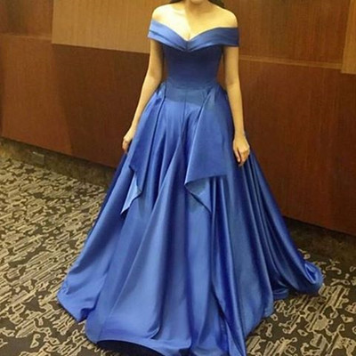 Royal blue off-shoulder a-line satin long prom dress e222
