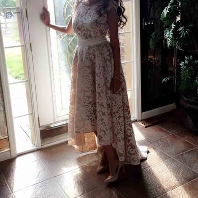 Ivory&Nude High Low Cap Sleeves Lace Prom Evening Dress E229