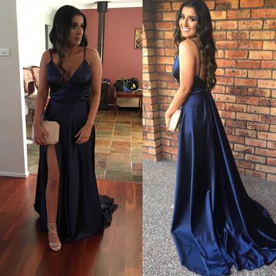 Cheap sexy spaghetti straps backless navy blue satin prom dress slit e236