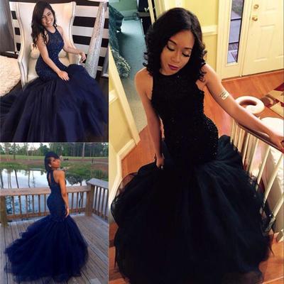 Navy blue halter beaded crystal pearls mermaid prom evening dress long e245