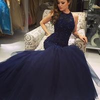 Navy Blue Halter Beaded Crystal Pearls Mermaid Prom Evening Dress Long E245 - Thumbnail 1