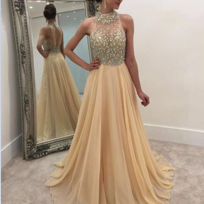 Fashion a-line high neck chiffon beaded crystal pearls long prom dress evening dresses e247