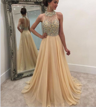 Fashion A-line High Neck Chiffon Beaded Crystal Pearls Long Prom Dress Evening Dresses E247