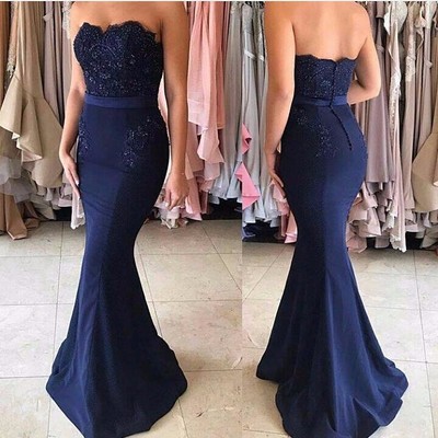 Navy Blue Sweetheart Long Lace Appliques Beaded Mermaid Prom Evening Dress E248