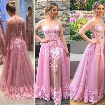 Fashion Sheath Long Sleeves Lace Appliques Prom Evening Dress With Detachable Skirt E250