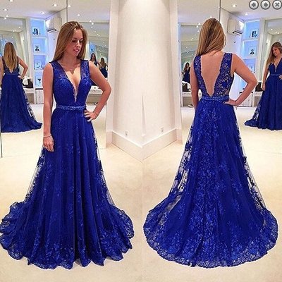 Sexy deep v-neck backless long lace appliques prom evening dress navy blue e251