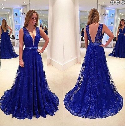Sexy Deep V-neck Backless Long Lace Appliques Prom Evening Dress Navy Blue E251