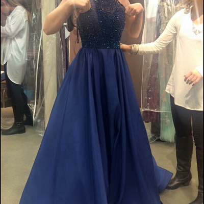 Navy blue a-line halter backless long satin beaded crystal prom evening dress plus size e261