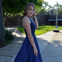 Navy Blue A-line Halter Backless Long Satin Beaded Crystal Prom Evening Dress Plus Size E261 - Thumbnail 1