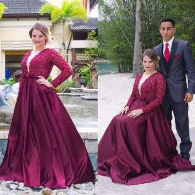 Plus size long sleeves lace pearls a-line satin prom evening gown dresses e262