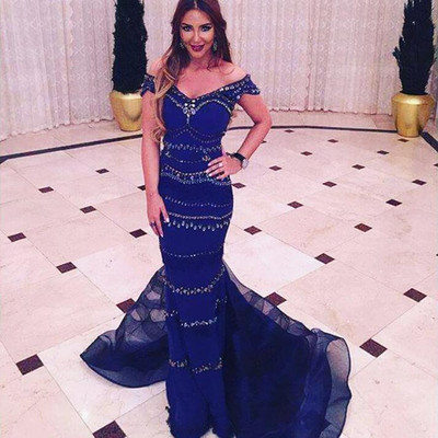 Fashion Off-shoulder Long Rhinestones Diamond Mermaid Prom Evening Dress With Organza Detachable Skirt E274