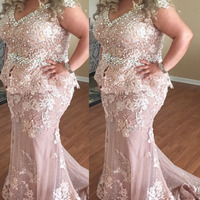 Plus Size Prom Dress Elegant Cap Sleeves Peplum Long Lace Pearls Crystal Prom Evening Dress E277 - Thumbnail 1