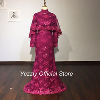 Vintage Arabic High Neck Mermaid Long Lace Prom Evening Dress With Cape E281 - Thumbnail 4