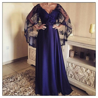 Navy Blue A-line V-neck Long Lace Applique Prom Evening Dress With Cape E282
