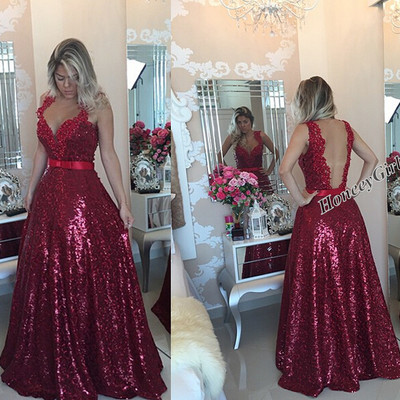 Red sequins prom dress sexy backless straps lace appliques pearls prom evening dress e293