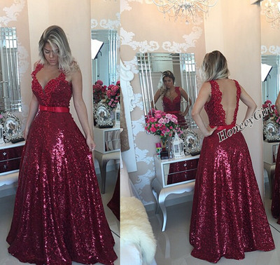 Red Sequins Prom Dress Sexy Backless Straps Lace Appliques Pearls Prom Evening Dress E293
