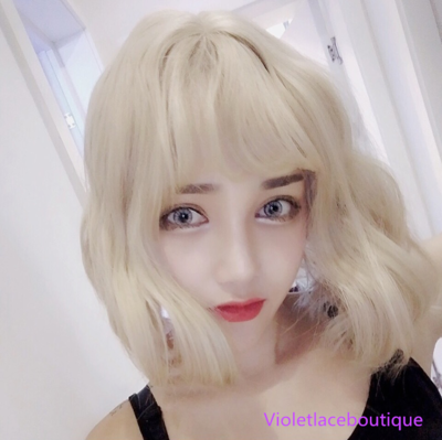 Free Shipping Blonde Short Wavy Air Bang Bobo Wig