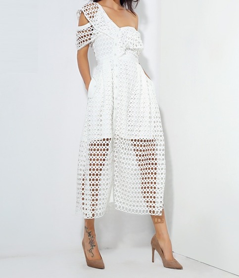 White One Shoulder Lace Dress Puffy Skirt