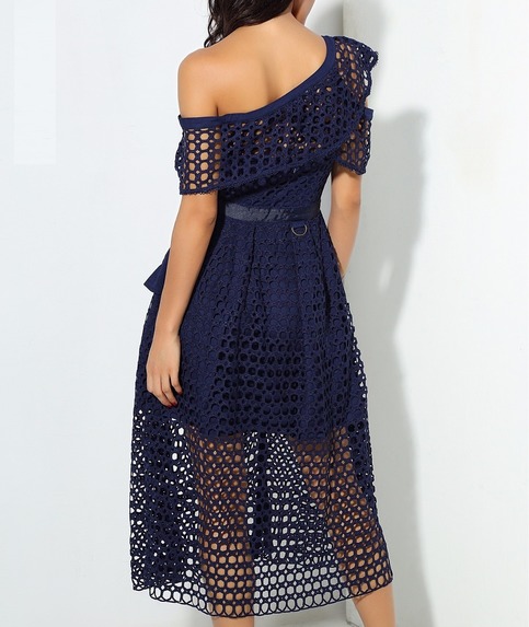 Navy One Shoulder Lace Dress Puffy Skirt