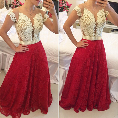 Sexy sheer red& gold long lace pearls prom evening dress short sleeves e295