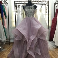 Sexy Backless Beaded Crystal Long Tiered Ruffles Prom Evening Dress E299 - Thumbnail 3