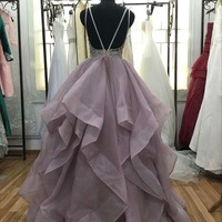 Sexy Backless Beaded Crystal Long Tiered Ruffles Prom Evening Dress E299 - Thumbnail 4