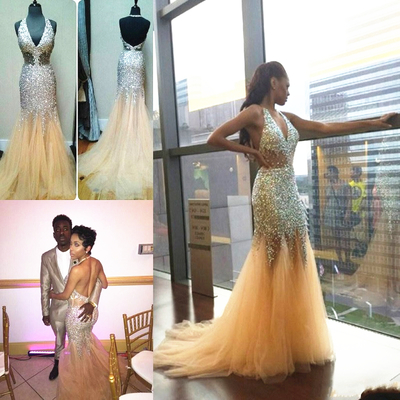 Sexy sparkly halter backless beaded crystal sequins long mermaid prom party dress evening dresses e302