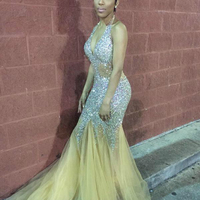 Sexy Sparkly Halter Backless Beaded Crystal Sequins Long Mermaid Prom Party Dress Evening Dresses E302 - Thumbnail 1