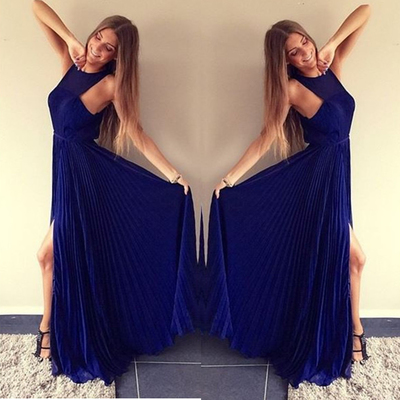 Simple A-line Halter Royal Blue Ruched Long Prom Evening Dress E303