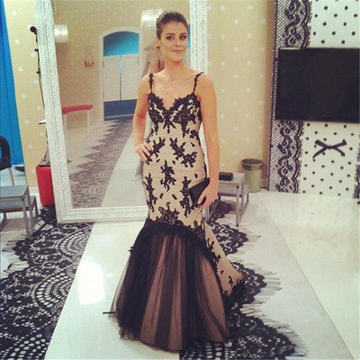 Champagne&Black Spaghetti Straps Mermaid Long Lace Appliques Prom Evening Dress E306