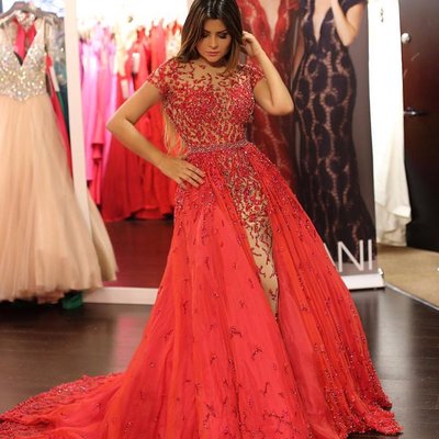 Sexy See Through Short Sleeves Embroidery Beaded Crystal Mermaid Prom Evening Dress With Detachable Skirt E308