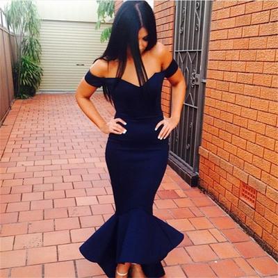 Simple off-shoulder high low navy blue mermaid prom party dresses e309