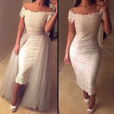 Fashion off-shoulder sheath ankle length short prom evening dress with detachable skirt e316