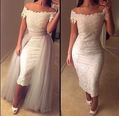 Fashion Off-shoulder Sheath Ankle Length Short Prom Evening Dress With Detachable Skirt E316