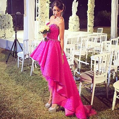 Elegant Sweetheart Long Lace Pearls Beaded High Low Prom Evening Dress E317