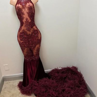 Sexy see through high neck backless long mermaid lace beaded feathers prom dress e321